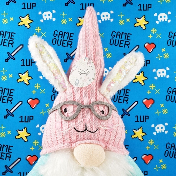 Spring Gnome Plush Wearing Pink Hat w/ Reading Glasses & White Sequin Bunny Ears - Picture 8 of 11